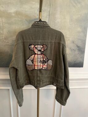 Olive Green Embellished Teddy Patch Jean Jacket - Kwoki Fashion